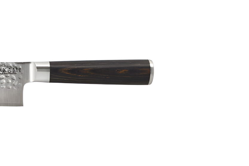 Cuchillo Bunka de 20 cm de Hakami Sakura, con hoja martillada y mango de pakkawood marrón