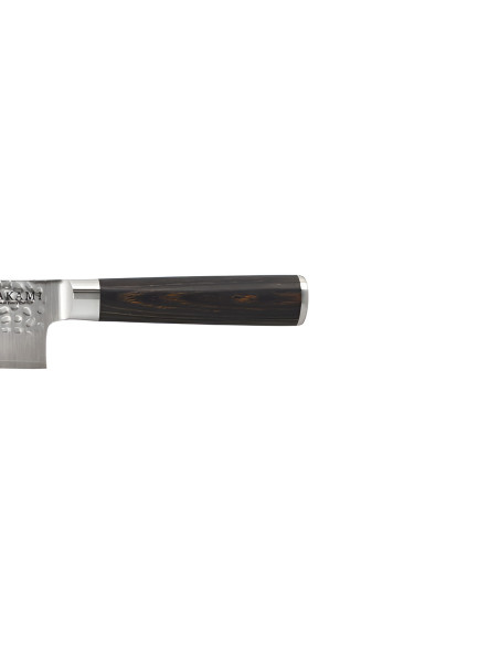 Hakami Sakura 20 cm Bunka Knife with a hammered blade and a brown pakkawood handle