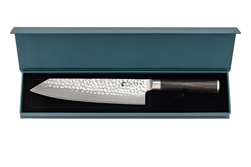 Hakami Sakura 20 cm Bunka knife with a hammered blade and a brown Pakkawood handle