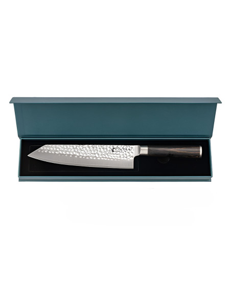 Faca Bunka de 20 cm da Hakami Sakura, com lâmina martelada e cabo em pakkawood castanho