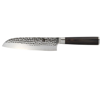 Hakami Sakura 18 cm Santoku Knife with a hammered blade and a brown pakkawood handle