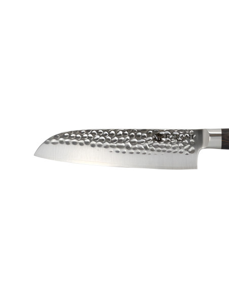 Faca santoku Hakami Sakura de 18 cm, com lâmina martelada e cabo em pakkawood castanho