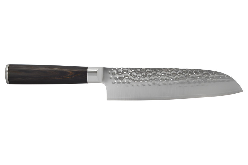 Hakami Sakura santoku-kniv, 18 cm, med hamret klinge og brunt pakkawood-skaft