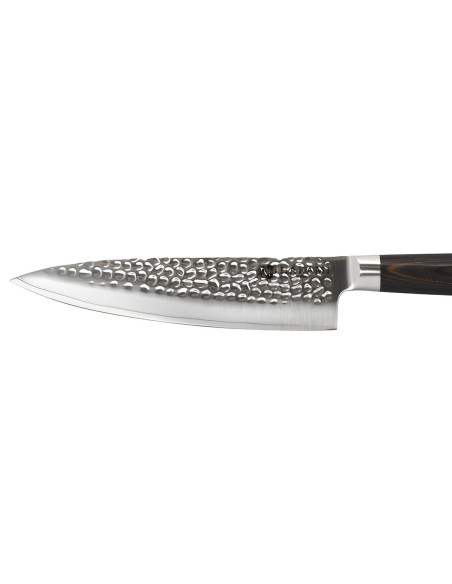 Cuchillo de chef Hakami Sakura de 20 cm, con hoja martillada y mango de pakkawood marrón
