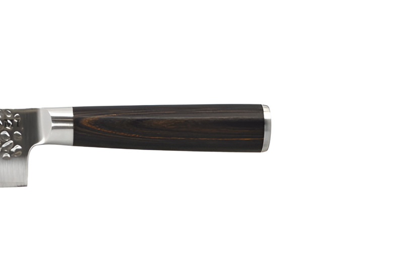 Hakami Sakura 20 cm Chef's Knife with a hammered blade and a brown pakkawood handle