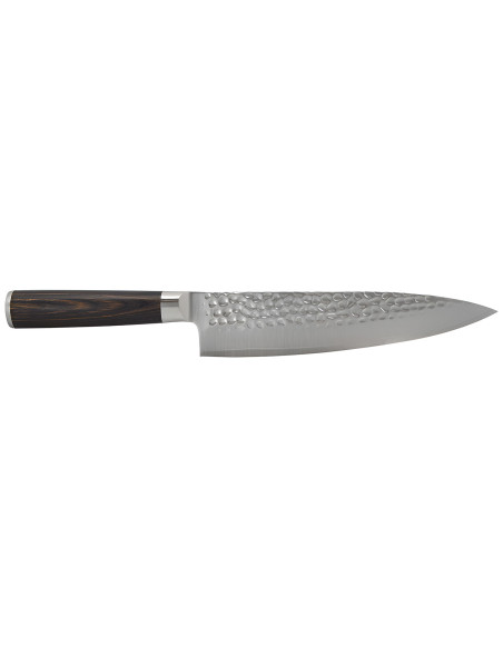 Hakami Sakura -kokkiveitsi, 20 cm, vasaralla muotoiltu terä ja ruskea pakkawood-kahva