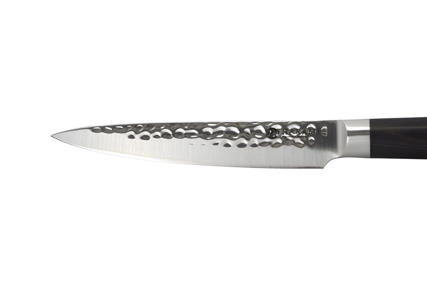 Hakami Sakura 12 cm Utility Knife with Hammered Blade and Brown Pakkawood Handle