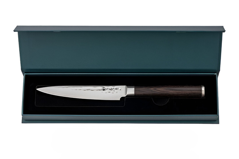 Cuchillo universal Hakami Sakura de 12 cm, con hoja martillada y mango de pakkawood marrón
