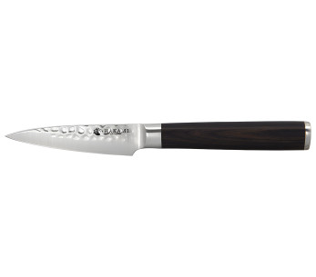 Hakami Sakura 9 cm paring knife with a hammered blade and brown pakkawood handle