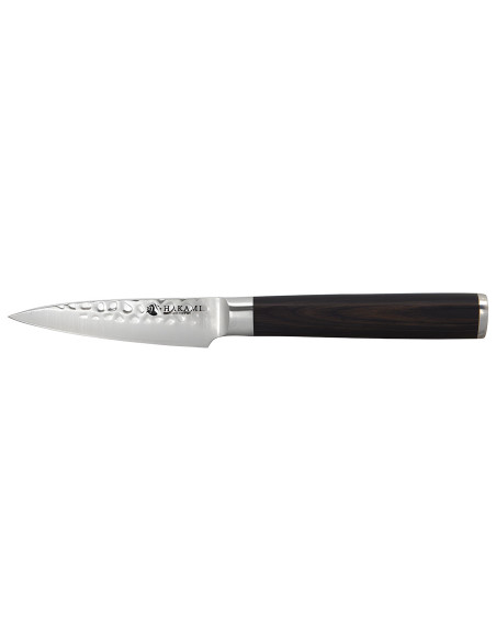 Hakami Sakura kjøkkenkniv, 9 cm, med hamret blad og brunt pakkawood-skaft