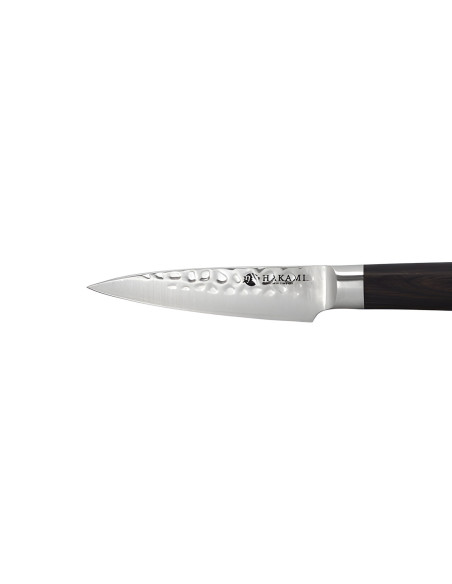 Hakami Sakura 9 cm paring knife with a hammered blade and brown pakkawood handle