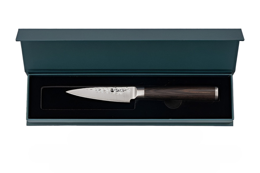 Hakami Sakura køkkenkniv, 9 cm, med hamret klinge og brunt pakkawood-skaft