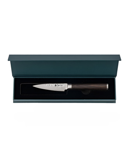 Hakami Sakura kjøkkenkniv, 9 cm, med hamret blad og brunt pakkawood-skaft