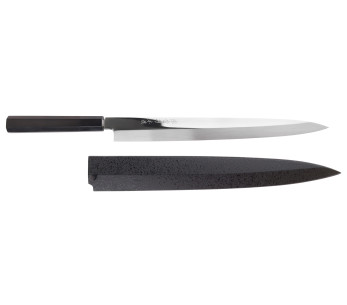 Coltello Fuguhiki da 33 cm Sakai Takayuki BS2 Honyaki con finitura a specchio in ebano e saya in magnolia nera