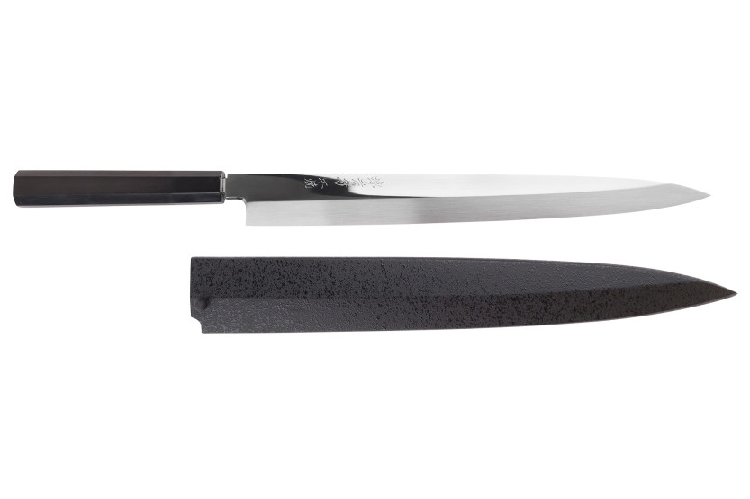 33-cm Sakai Takayuki BS2 Fuguhiki knife, mirror-polished honyaki blade in ebony and black magnolia saya