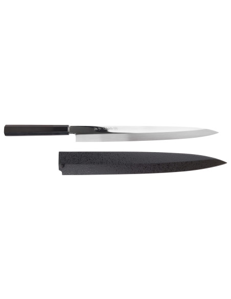Cuchillo fuguhiki de 33 cm Sakai Takayuki BS2 Honyaki con pulido espejo en ébano y saya de magnolia negra