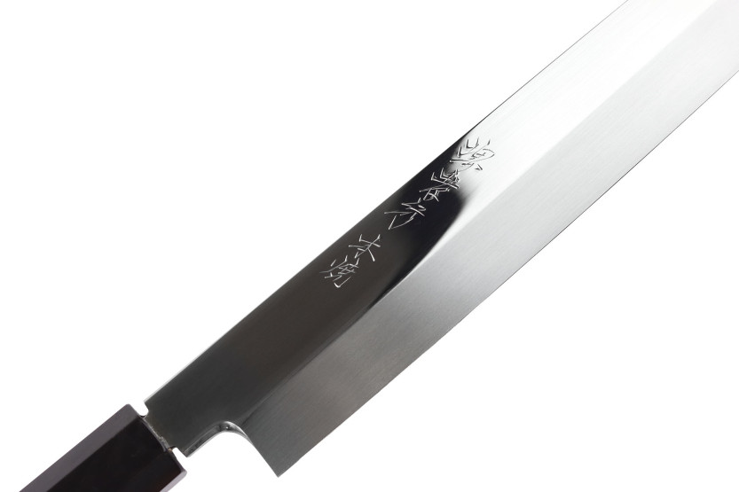 33-cm Sakai Takayuki BS2 Fuguhiki Knife, mirror-polished Honyaki with ebony handle and black magnolia saya