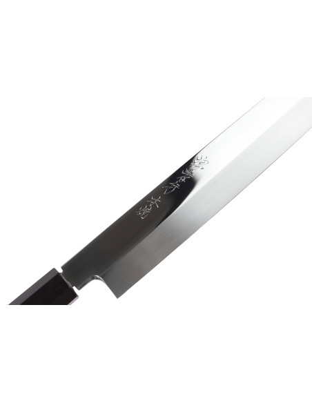 Cuchillo fuguhiki de 33 cm Sakai Takayuki BS2 Honyaki con pulido espejo en ébano y saya de magnolia negra