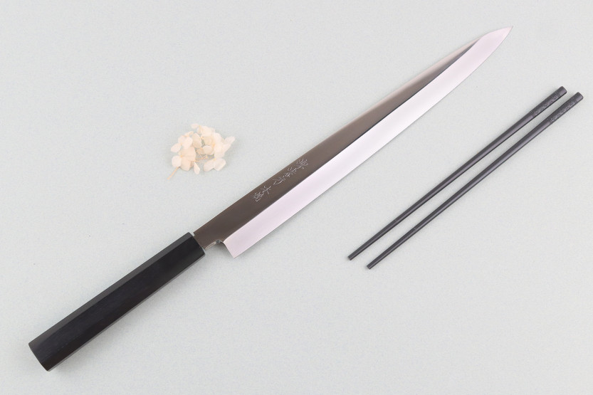 33-cm Sakai Takayuki BS2 Fuguhiki Knife, mirror-polished Honyaki blade in ebony and black magnolia saya