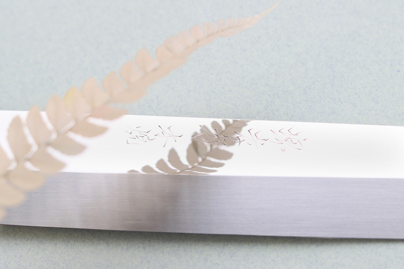 Japanisches Fuguhiki-Messer Sakai Takayuki Honyaki BS2 Fuguhiki mit Spiegelpolitur