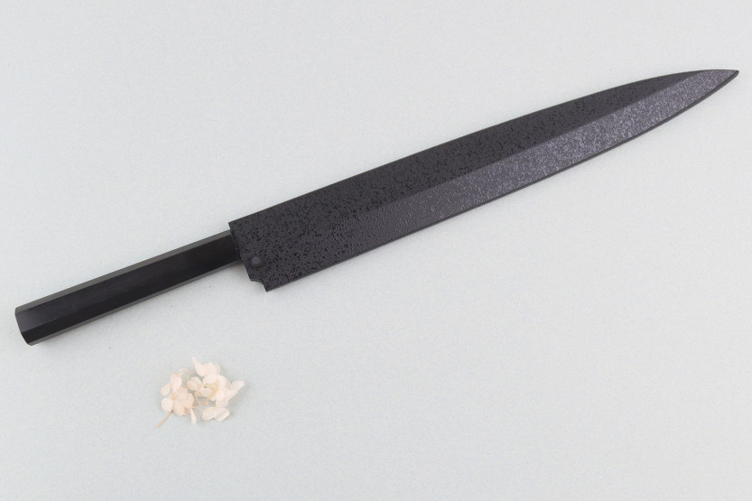 33-cm Sakai Takayuki BS2 Fuguhiki Knife, mirror-polished Honyaki blade in ebony and black magnolia saya
