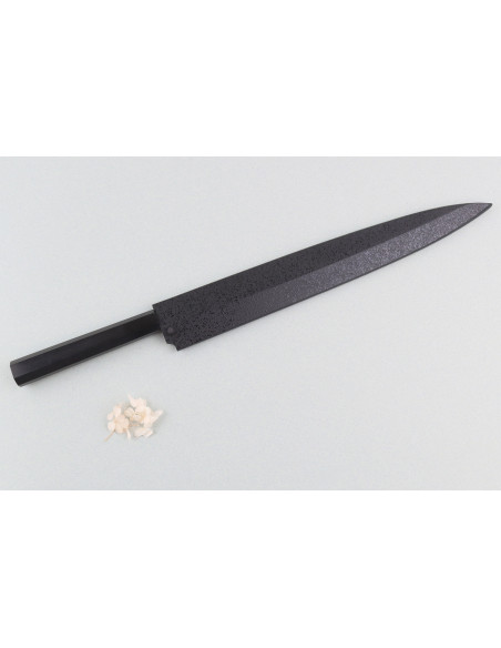 Cuchillo fuguhiki de 33 cm Sakai Takayuki BS2 Honyaki con pulido espejo en ébano y saya de magnolia negra