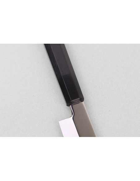 33 cm lang Fuguhiki-kniv fra Sakai Takayuki BS2, Honyaki med spejlpolering i ibenholt og saya i sort magnolia