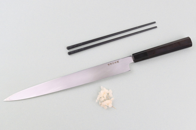 Japanisches Fuguhiki-Messer Sakai Takayuki Honyaki BS2 Fuguhiki mit Spiegelpolitur
