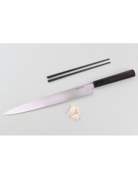 Cuchillo Fuguhiki de 33 cm, Sakai Takayuki BS2, Honyaki con pulido espejo en ébano y saya de magnolia negra