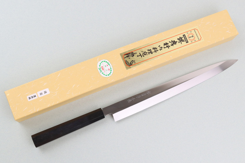 Japanisches Fuguhiki-Messer Sakai Takayuki Honyaki BS2 Fuguhiki mit Spiegelpolitur