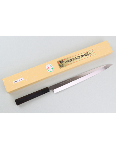 Cuchillo fuguhiki de 33 cm Sakai Takayuki BS2 Honyaki con pulido espejo en ébano y saya de magnolia negra