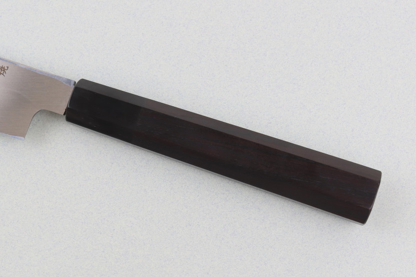 33-cm Sakai Takayuki BS2 Fuguhiki Knife, Mirror-Polished Honyaki Blade in Ebony and Black Magnolia Saya