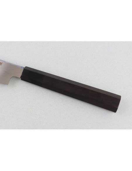 33-cm Sakai Takayuki BS2 Fuguhiki Knife, Mirror-Polished Honyaki Blade in Ebony and Black Magnolia Saya