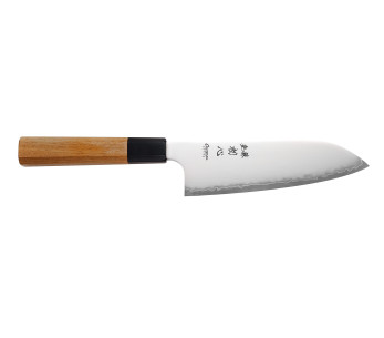 Coltello santoku giapponese artigianale Hatsukokoro Chromax da 16,5 cm con manico in teak