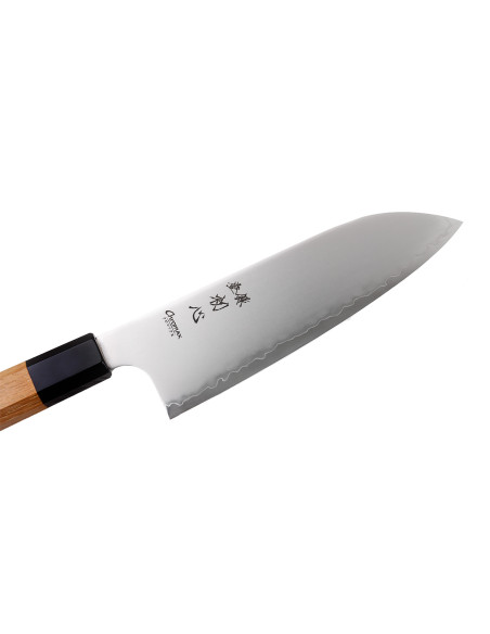 Håndlavet japansk Hatsukokoro Chromax santoku-kniv, 16,5 cm, med teak-skaft