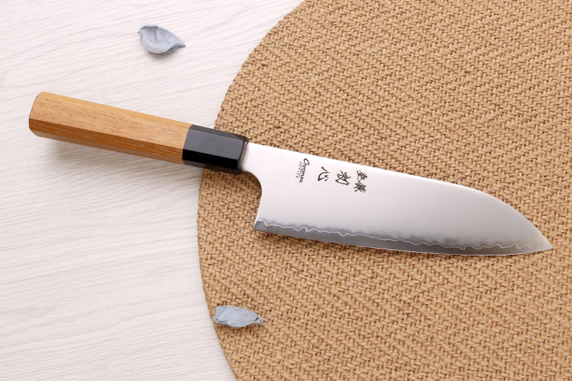 Handcrafted Japanese Hatsukokoro Chromax 16.5 cm Santoku Knife with Teak Handle