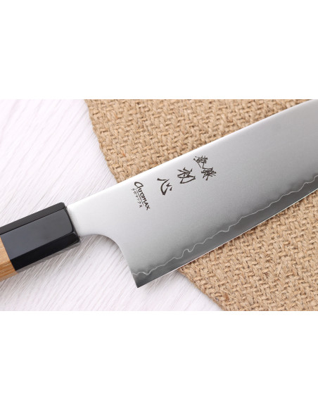 Håndlaget japansk Hatsukokoro Chromax santoku-kniv, 16,5 cm, med teak-skaft