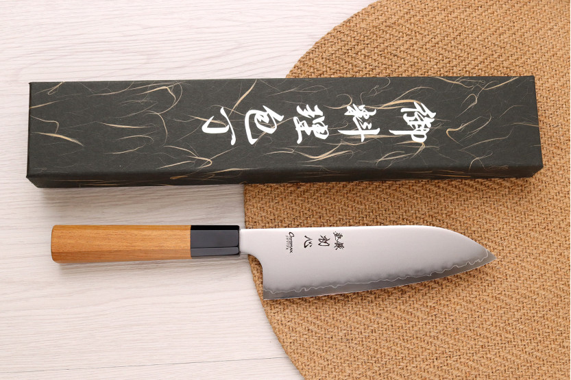 Handcrafted Japanese Hatsukokoro Chromax 16.5 cm Santoku Knife with Teak Handle