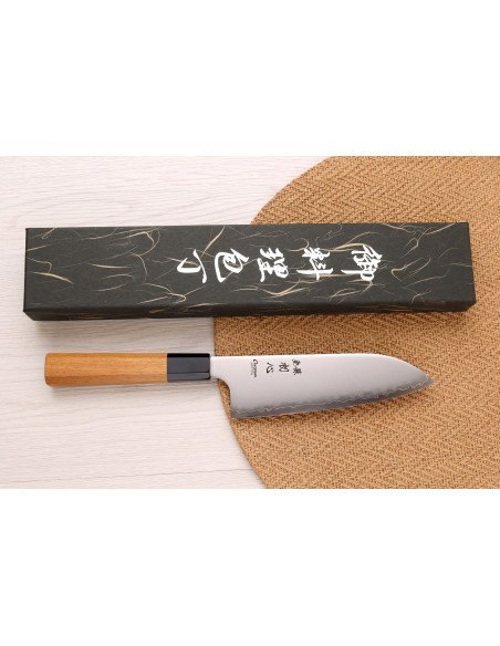 Håndlavet japansk Hatsukokoro Chromax santoku-kniv, 16,5 cm, med teak-skaft