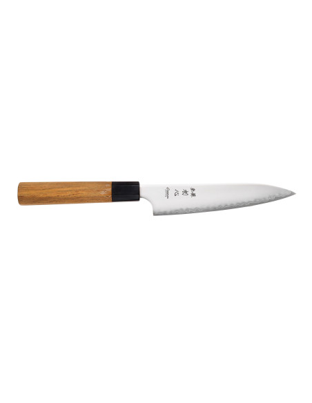 Håndlaget japansk Hatsukokoro Chromax-universalkniv, 14 cm, med teak-skaft