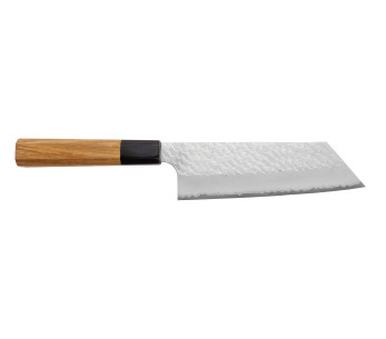 Cuchillo nakiri kiritsuke japonés artesanal de 17 cm de Nigara Hamono, con acabado Migaki Tsuchime, acero SG2 y mango de teca