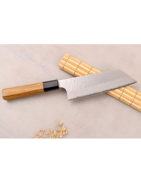 17 cm Handcrafted Japanese Nakiri Kiritsuke Knife by Nigara Hamono, Migaki Tsuchime, SG2, Teak Handle