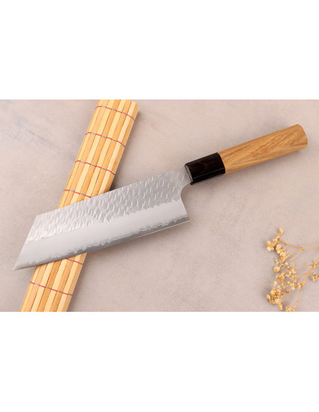 Cuchillo nakiri kiritsuke japonés artesanal de 17 cm, Nigara Hamono, Migaki Tsuchime, SG2, de teca