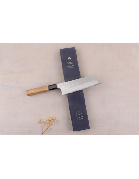 Handgjord japansk nakiri-kiritsuke-kniv, 17 cm, från Nigara Hamono, Migaki Tsuchime, SG2, teak