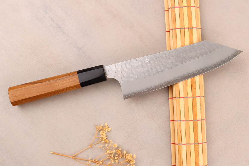 17-cm Handcrafted Japanese Bunka Knife by Nigara Hamono, Migaki Tsuchime, SG2, Teak Handle