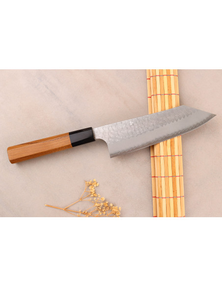Håndlavet japansk Bunka -kniv, 17 cm, Nigara Hamono, Migaki Tsuchime, SG2, teak