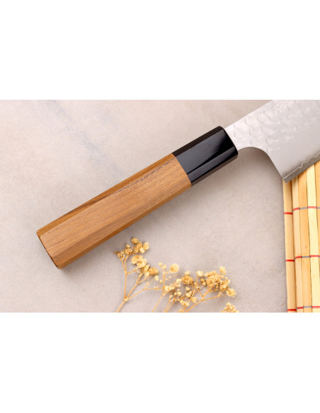 Handgjord japansk Bunka-kniv, 17 cm, från Nigara Hamono, Migaki Tsuchime, SG2, teak