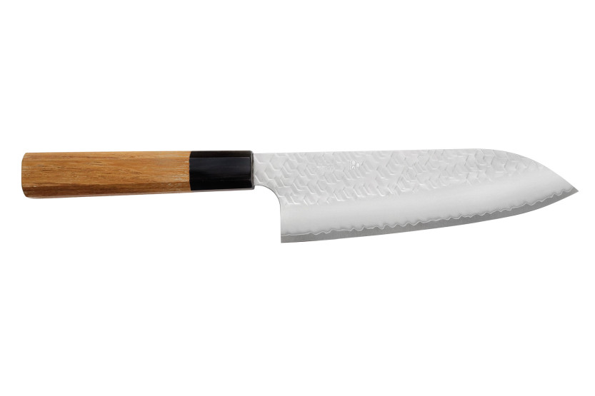 Coltello santoku giapponese artigianale da 17 cm Nigara Hamono Migaki Tsuchime SG2 in teak