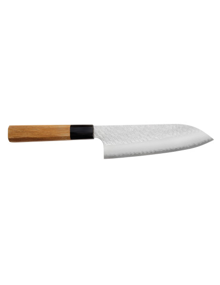 Coltello santoku giapponese artigianale da 17 cm Nigara Hamono Migaki Tsuchime SG2 in teak