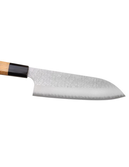 Faca santoku japonesa artesanal de 17 cm da Nigara Hamono, com acabamento Migaki Tsuchime, em aço SG2, com cabo em teca